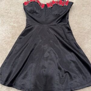 Windsor Strapless Black Dress with Red Floral Details